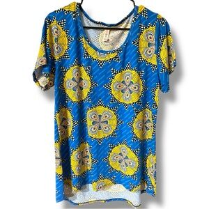 Lularoe Womens Top Blue & Yellow Geometric Floral Print Short Sleeve Stretchy XL